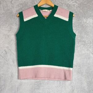 Marni x Uniqlo Green Pink Colorblock Waffle Knit Sweater Vest V-Neck Womens M